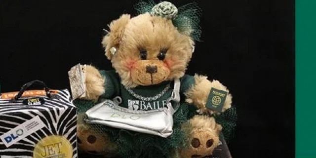 Teddy bear with green sweatshirt on