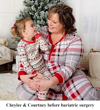 courtney with her daughter in christmas pjs.