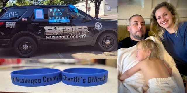 sheriff car next to photo of a sheriff in the hospital with his wife and child