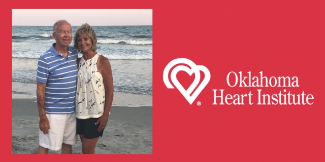couple at beach next to red OK Heart Institute Logo